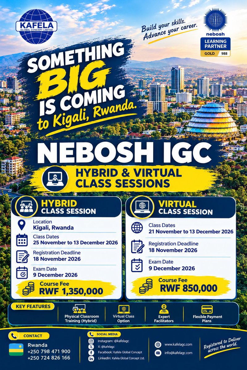 Kafelagc's tweet photo. NEBOSH IGC is coming to Kigali, Lagos & Takoradi this November
Join Kafela Global Concept Limited and take your next big step in HSE.
Secure your spot: https://t.co/R0w4GuFwXk
#trend #KGCL #kafela #kafelaglo #kafelaglobalconcepts #kafelaglobalconceptlimited
#kafelaglobal https://t.co/hAApOhaeUb