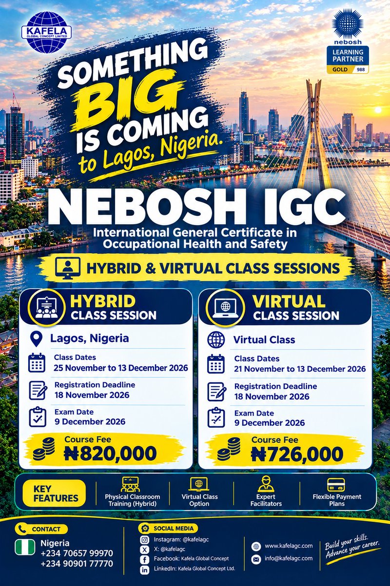 Kafelagc's tweet photo. NEBOSH IGC is coming to Kigali, Lagos & Takoradi this November
Join Kafela Global Concept Limited and take your next big step in HSE.
Secure your spot: https://t.co/R0w4GuFwXk
#trend #KGCL #kafela #kafelaglo #kafelaglobalconcepts #kafelaglobalconceptlimited
#kafelaglobal https://t.co/hAApOhaeUb