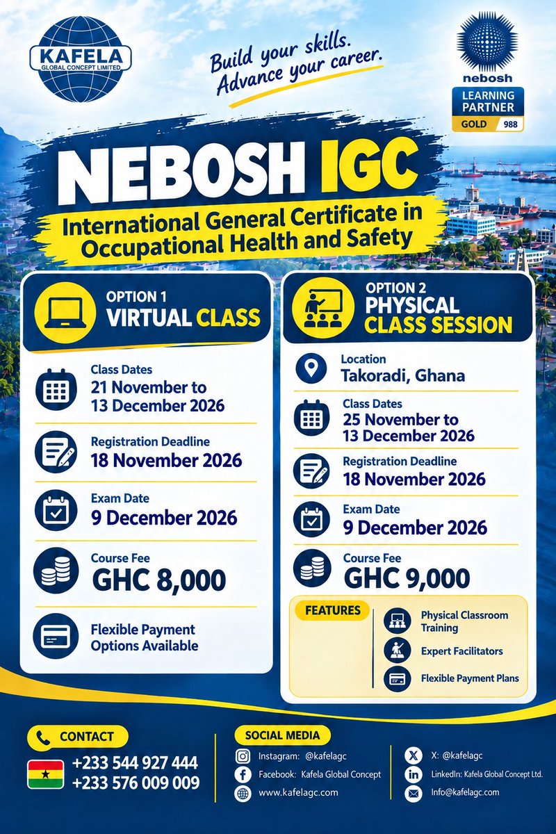 Kafelagc's tweet photo. NEBOSH IGC is coming to Kigali, Lagos & Takoradi this November
Join Kafela Global Concept Limited and take your next big step in HSE.
Secure your spot: https://t.co/R0w4GuFwXk
#trend #KGCL #kafela #kafelaglo #kafelaglobalconcepts #kafelaglobalconceptlimited
#kafelaglobal https://t.co/hAApOhaeUb