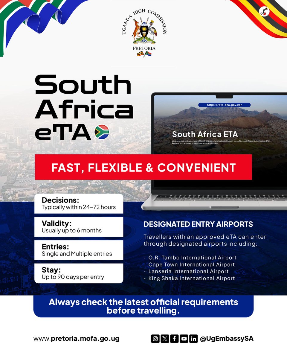 UgEmbassySA's tweet photo. The Government of South Africa announced the inclusion of holders of valid Ugandan passports in South Africa’s Electronic Travel Authorisation (eTA) system.

But what does this actually mean for Ugandans planning to travel to South Africa?

👉 You apply online before travelling.
👉 You do not need a VFS appointment for the eTA application.
👉 You must still meet all applicable immigration and entry requirements when you arrive.