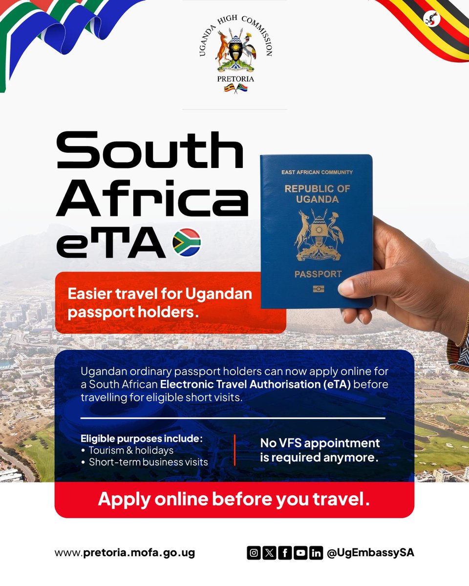 UgEmbassySA's tweet photo. The Government of South Africa announced the inclusion of holders of valid Ugandan passports in South Africa’s Electronic Travel Authorisation (eTA) system.

But what does this actually mean for Ugandans planning to travel to South Africa?

👉 You apply online before travelling.
👉 You do not need a VFS appointment for the eTA application.
👉 You must still meet all applicable immigration and entry requirements when you arrive.