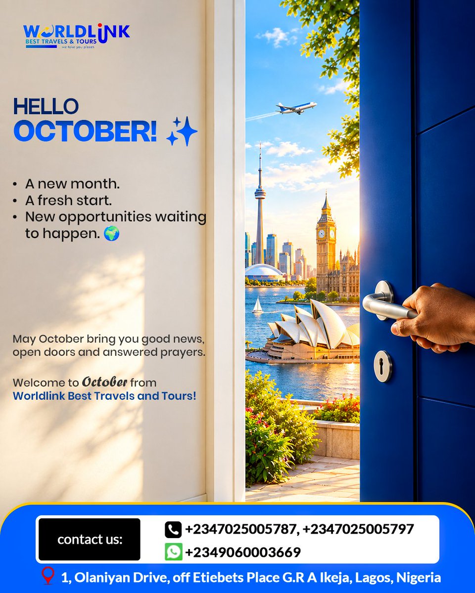 worldlinkbest's tweet photo. October, we’re ready for you! ✨🌍
May this month bring you closer to the opportunities you’ve been praying for.

New month. 
New possibilities. 
New destinations. ✈️

Happy New Month! 💚
.
.
.
.
.
.
.
.
.
#HappyNewMonth #october #StudyAbroad #trustedtravelagencyinlagos https://t.co/zaJK5bpIzE