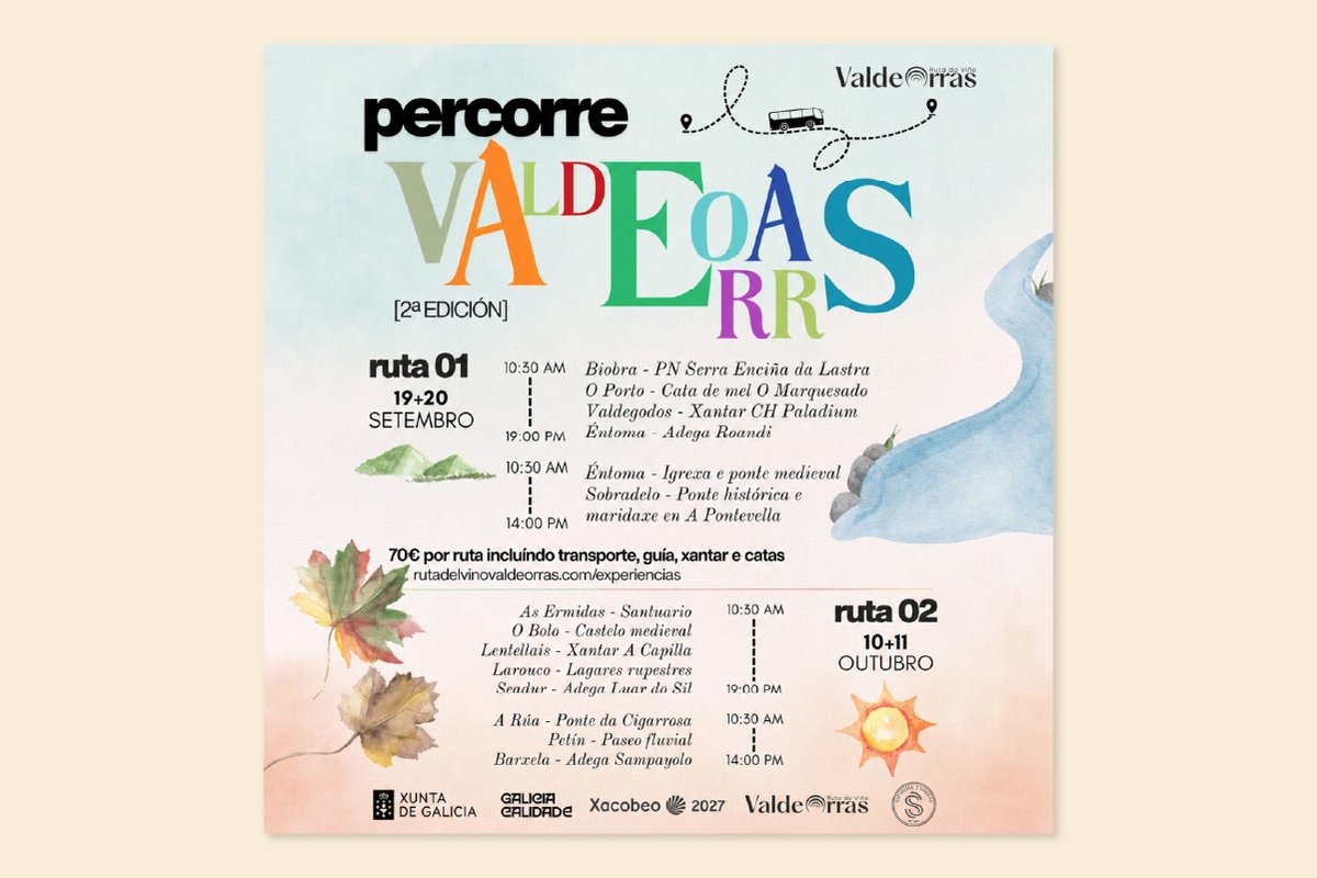 valdeorrasdest's tweet photo. Este fin de semana vuelve #PercorreValdeorras con la Ruta 2 por #OBolo #Larouco #Petín y #ARúa 💚✨
Recorre 🥾 el patrimonio de la Comarca mientras degustas la mejor enogastronomía 🍽️🍷
Consigue tu entrada por 70€ 👉 https://t.co/nPovXJbHps https://t.co/Scx5Shj3RG