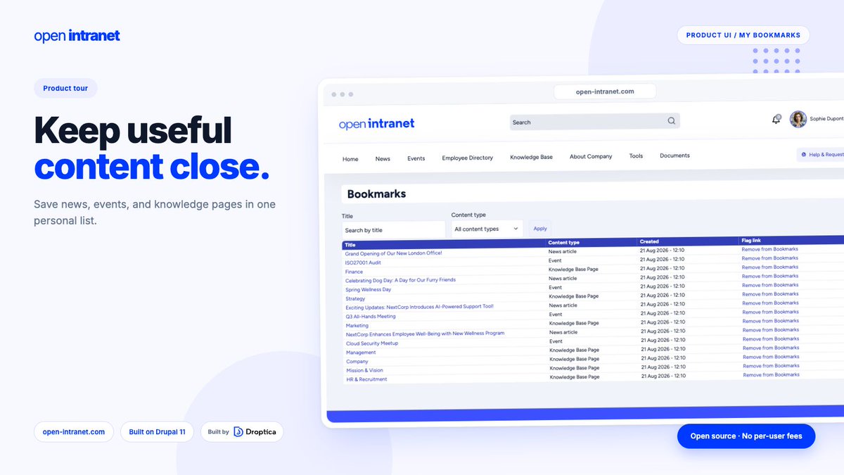 openintranet's tweet photo. Useful policies and guides should be easy to return to.

My Bookmarks and Recently Read give every employee a personal shortcut back to the content they need. https://t.co/lYDRmyQGKO
