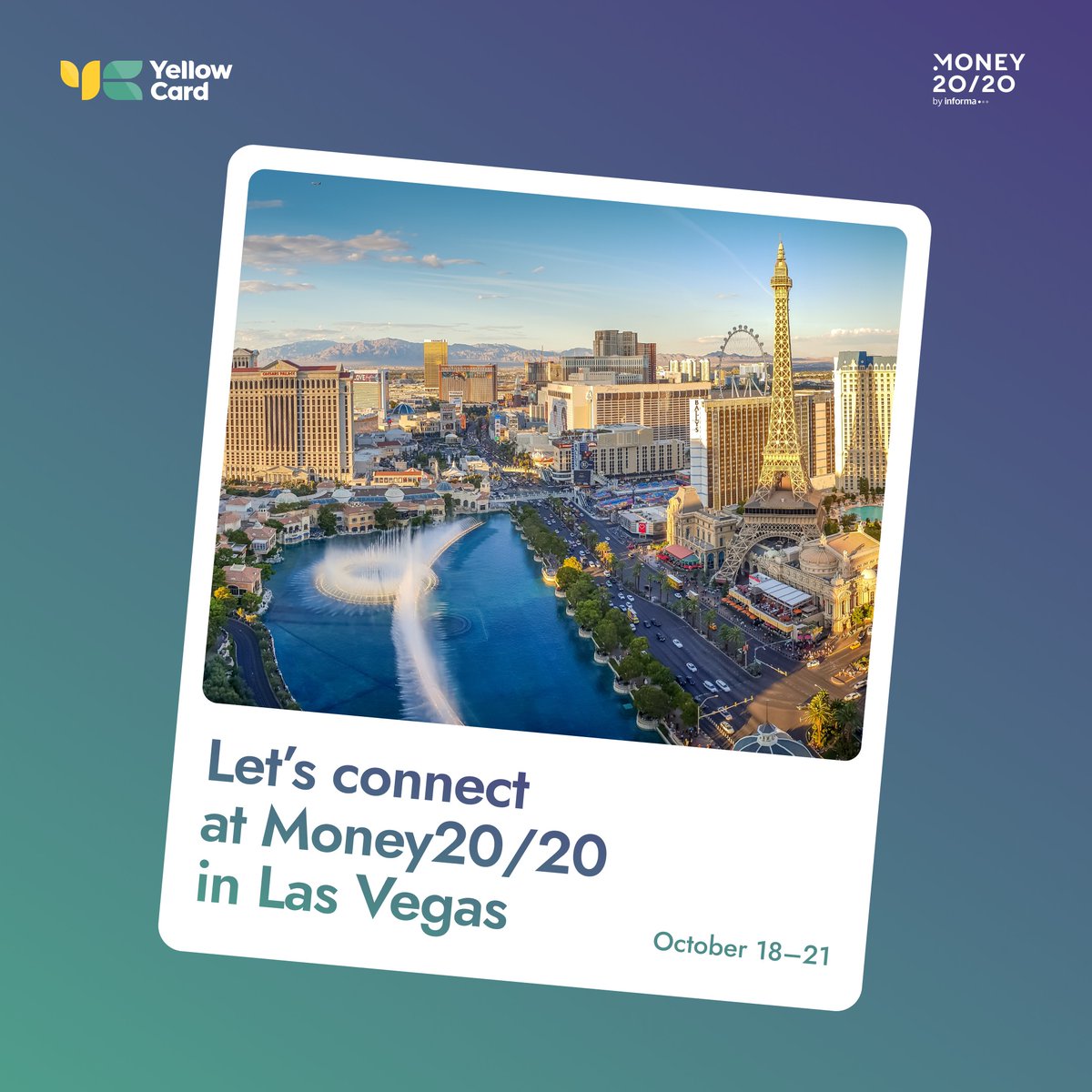 yellowcard_app's tweet photo. Yellow Card is at @Money2020 USA from 18 to 21 October at The Venetian in Las Vegas.

Our team will be on the floor to talk about cross-border payments, Stablecoins, and moving money across markets.

If you're in Las Vegas, come and say hello. https://t.co/mM3EpfJaaU