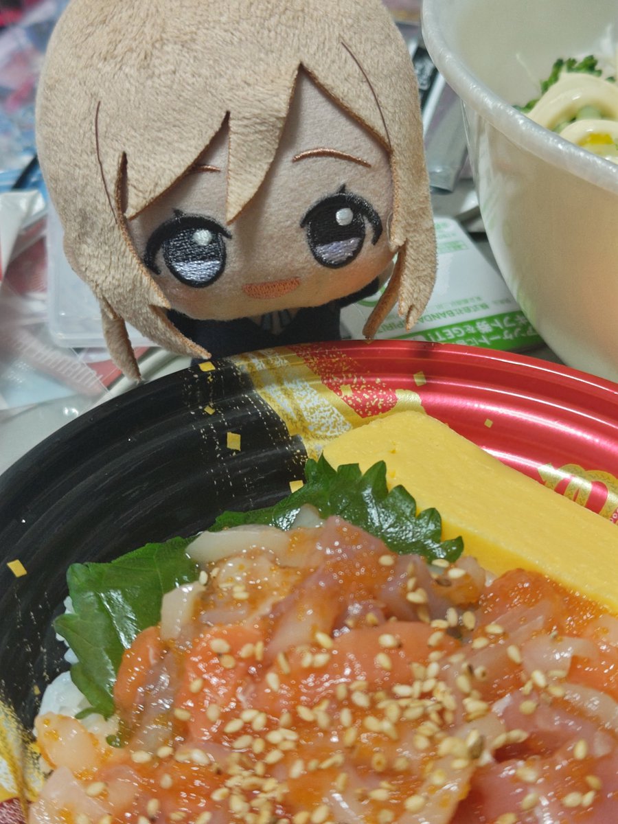 kazrx's tweet photo. ただいまです。
晩ごはんは駅前のスーパーで漬け丼買ってきました。
...莉波さんたべますよね？
#初星学園ぬいぬい部 https://t.co/BkQYRl0xjx