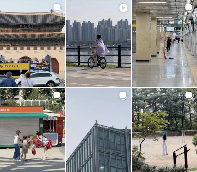 A collage of six photos showing scenes in Seoul, including a double-decker tour bus, a person riding a bicycle by the Han River, a subway station, a convenience store, a modern glass building, and a park.