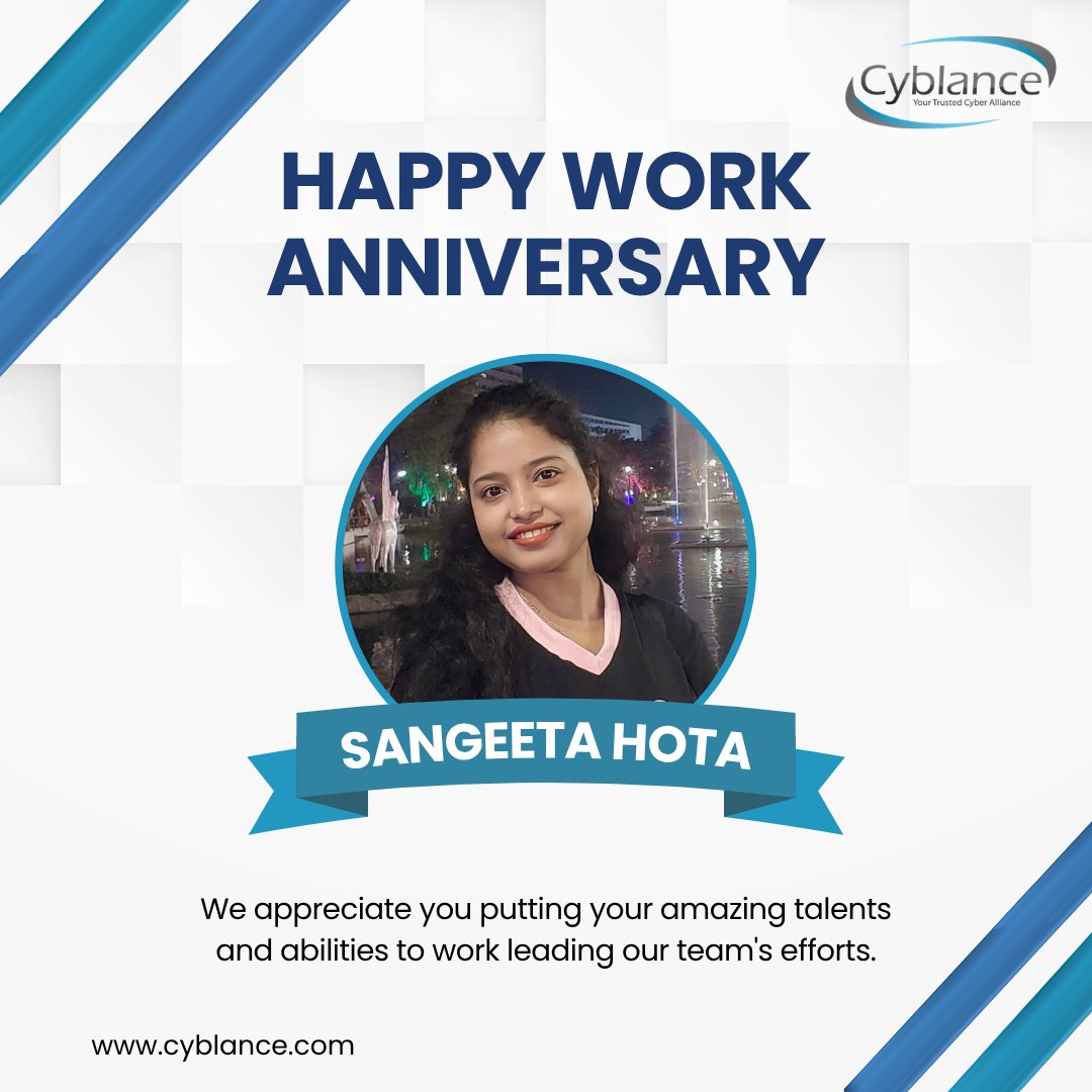 cyblance's tweet photo. Celebrating another year of dedication, leadership, and excellence! 🎉✨Happy Work Anniversary, Sangeeta Hota! Thank you for the incredible contributions and energy you bring to the team. Here’s to many more milestones together! 💙
#teamcyblance #workanniversary https://t.co/fXELVoXg2t