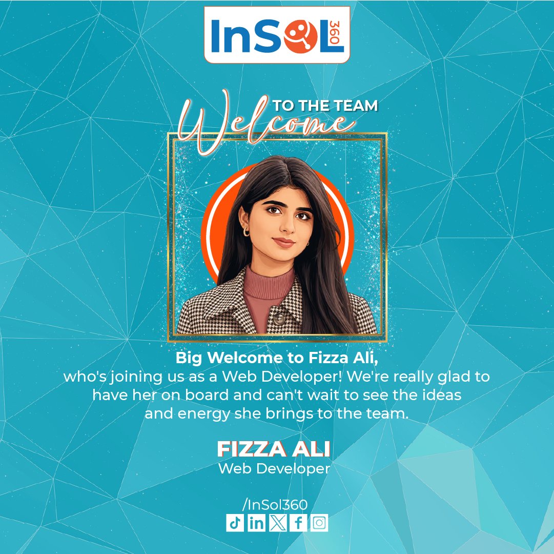InSol360's tweet photo. Please join us in giving a warm welcome to InSol360's newest team member!

We're thrilled to have Fizza Ali  join us as our new Web Developer. We're excited for the energy, ideas, and fresh perspective you'll add to the team.

#welcometotheteam #videomarketing #lifeatinsol360 https://t.co/1es65prEmL
