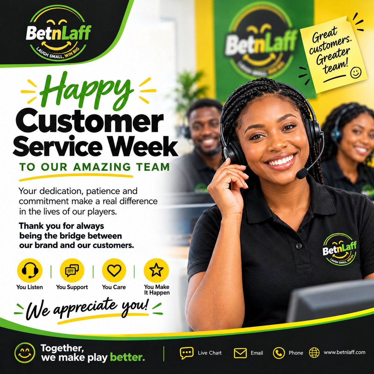 betnlaff's tweet photo. Got a question? We’ve got you covered. 💚

From placing your bets to making deposits or cashing out, our Customer Support team is always ready to help.

Your experience matters to us. Bet with confidence, and whenever you need us, we’re just a message away.

Bet. Laugh. Win. 🎯

#Betnlaff #CustomerService #BetLaughWin #LaughSmallWinBig