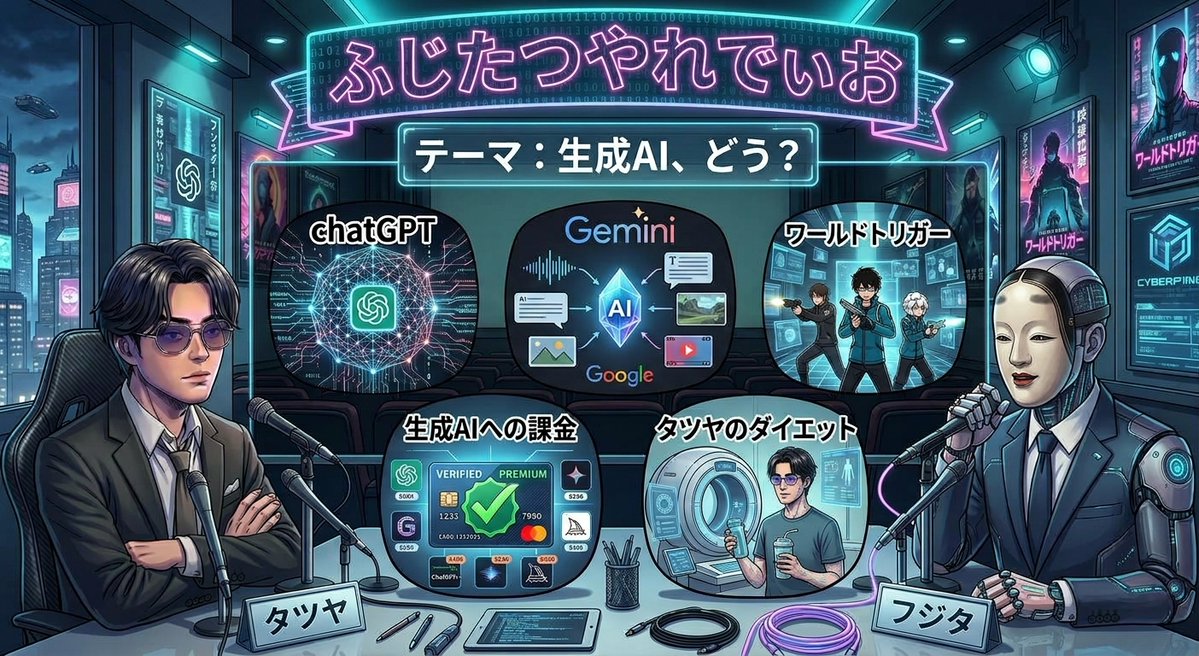 fujitatsyaradio's tweet photo. chatGPT派のフジタとGemini派のタツヤです。
皆さんは生成AIどすか？使いこなせてます？？
Xの画像はGemini、インスタはchatGPTで作成しています。

https://t.co/eDxJriwd3m

#podcast #ポッドキャスト #google #生成AI #バリキャリ #ワートリ #SF #課金 #ダイエット #chatgpt #チャッピー https://t.co/4S8Ql5HrRP