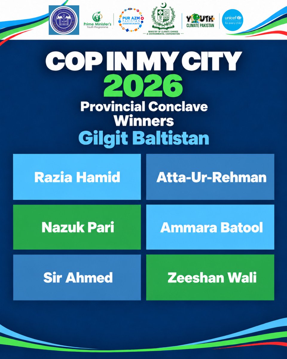 Y4C_Pk's tweet photo. The Winners of COP In My City 2026 GB Conclave!
#youth4climate #climatechange #COPInMyCity2026 #winners https://t.co/u5zl1m4xeW