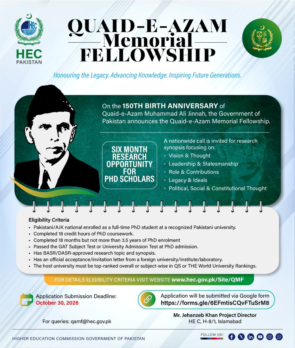 hecpkofficial's tweet photo. HEC announces the Quaid-e-Azam Memorial Fellowship - a six-month research opportunity for PhD scholars to honour Quaid-e-Azam’s legacy, advance knowledge and inspire future generations.

Deadline: 𝗢𝗰𝘁𝗼𝗯𝗲𝗿 𝟯𝟬, 𝟮𝟬𝟮𝟲

𝗗𝗲𝘁𝗮𝗶𝗹𝘀: https://t.co/ZuBjRUmOLM https://t.co/HB27QchFXy
