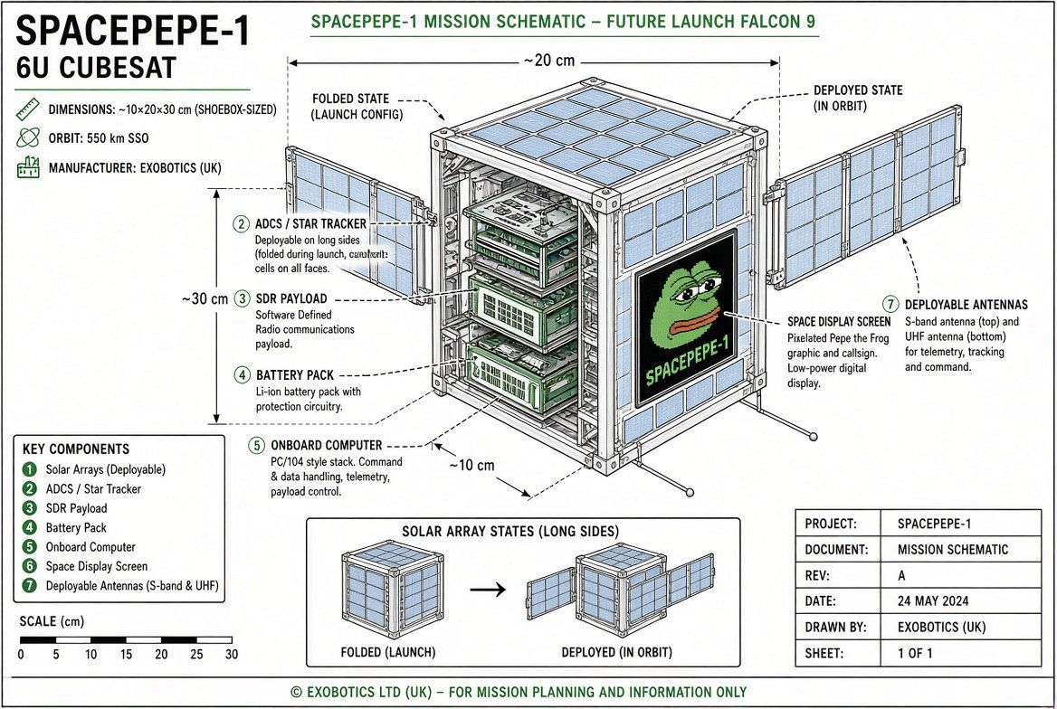 EnterpriseDefi's tweet photo. 🚀🐸 SPACEPEPE-1 schematic just dropped!  6U CubeSat with deployable solar arrays, SDR payload, and a real internal space display screen heading to 550 km on Falcon 9. Pepe is going to orbit. History loading… $spepe $XI https://t.co/Ra1CdyC5CF