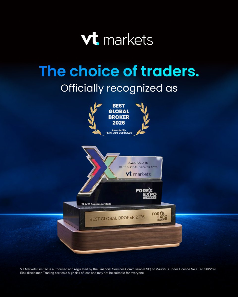 VTMENA's tweet photo. Let’s relive one of the biggest moments from Forex Expo Dubai 2026. 🏆✨

Meet our newest award: Best Global Broker 2026.

A proud milestone for VT Markets — and a moment we were honoured to share with our team.

Recognised by the industry. Chosen by traders.
Thank you for your trust in us. 💙

يلا نسترجع واحدة من أهم لحظات Forex Expo Dubai 2026. 🏆✨

تعرّفوا على أحدث إنجازاتنا: جائزة "أفضل وسيط عالمي لعام 2026".

محطة نفخر بها في VT Markets، ولحظة مميزة تشاركناها مع فريقنا.

تقدير من القطاع. وثقة من المتداولين.
شكرًا لثقتكم بنا. 💙
-----------------------
Regulation:
VT Markets Limited is authorised and regulated by the Financial Services Commission (FSC) of Mauritius under License No. GB23202269.
Risk disclaimer: Trading carries a high risk of loss and may not be suitable for everyone.

التنظيم:
ـ VT Markets Limited: مرخصة ومنظمة من قبل هيئة الخدمات المالية (FSC) في موريشيوس بموجب الترخيص رقم GB23202269.
تحذير المخاطر: ينطوي التداول على مخاطر عالية للخسارة، وقد لا يكون مناسبًا للجميع.