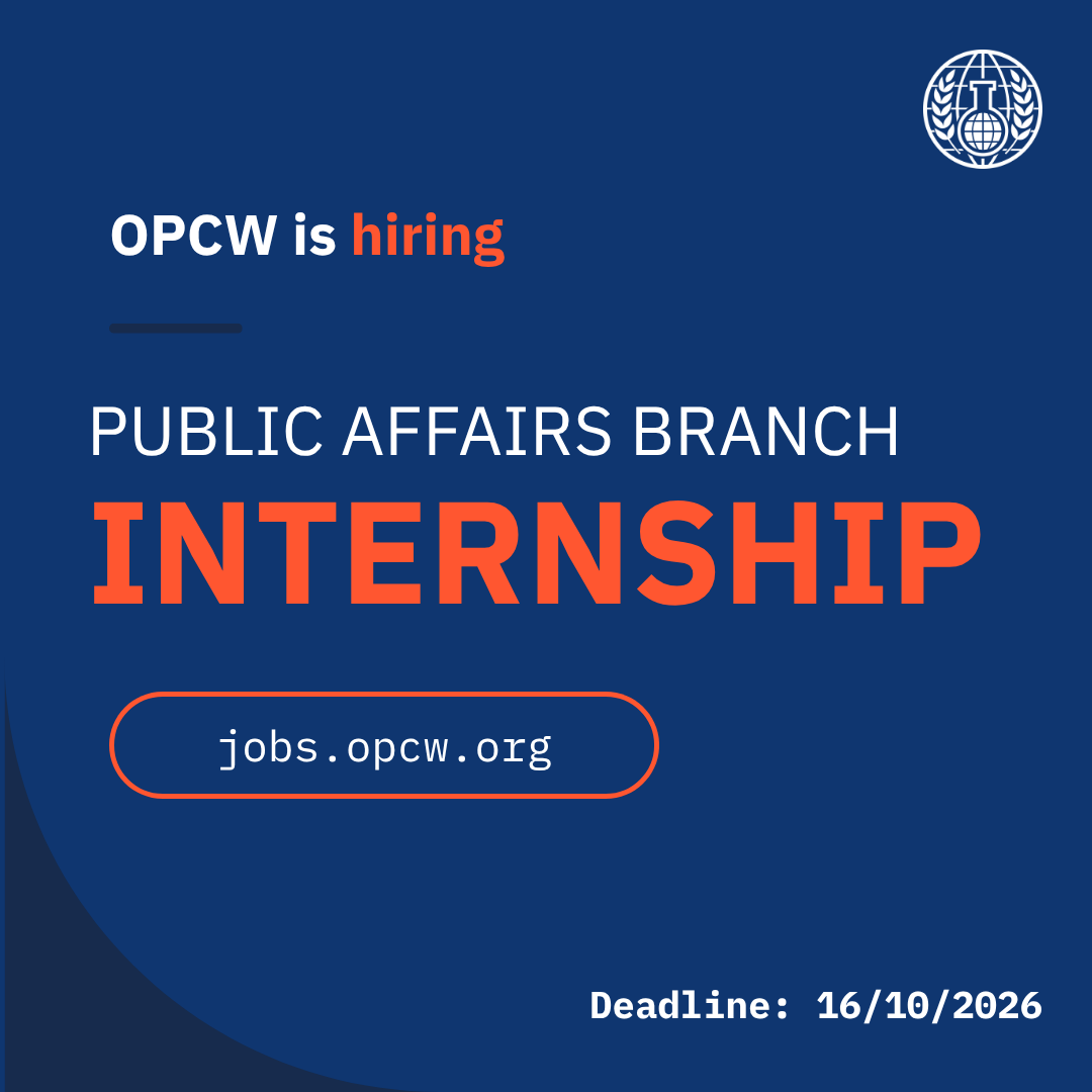 OPCW's tweet photo. 📣 We're hiring a communications intern at the OPCW!

Join the OPCW’s Public Affairs Branch in The Hague and contribute to an international organisation working towards a world #FreeofChemicalWeapons

This three- to six-month internship offers hands-on experience across digital communications, multimedia production, and public outreach and is ideal for candidates looking to build a career in international communications.

📅 Apply by 16 October 2026
👉 Learn more: https://t.co/OwB5JsCIt3

#Internship #OPCW