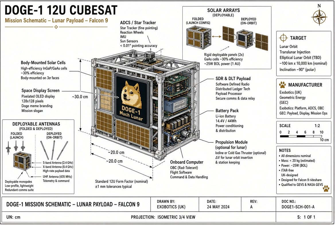 EnterpriseDefi's tweet photo. 🐕 DOGE-1! 12U CubeSat built for lunar orbit, deployable solar arrays, SDR + DLT payload, and an internal space display screen running.

Exobotics + Geometric Energy + ethereum:0x295b42684f90c77da7ea46336001010f2791ec8c Protocol + Falcon 9 translunar injection. 🛰️🌕 https://t.co/7Lx8RON1TD