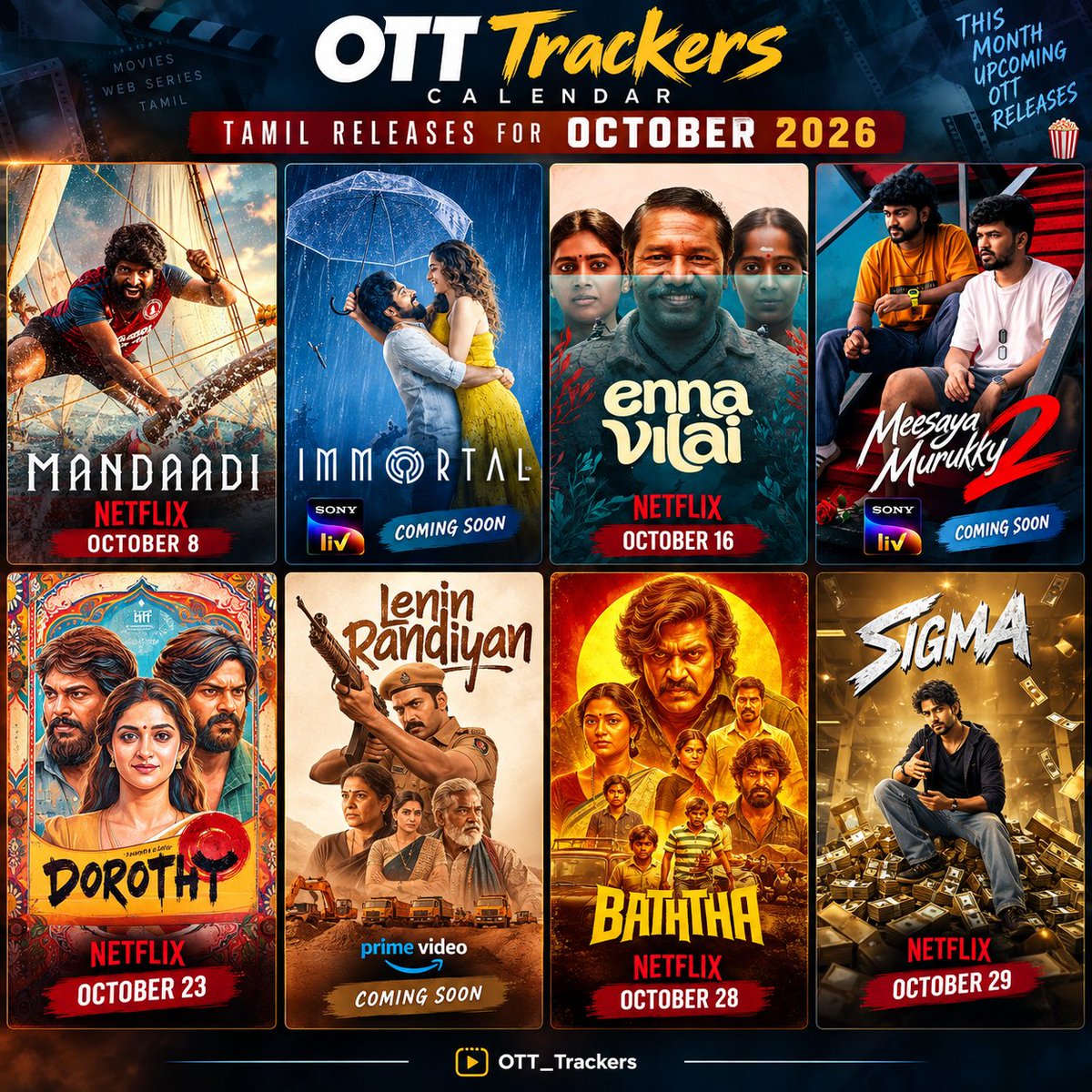 OTT_Trackers's tweet photo. October Month Tamil Movies OTT Calendar 📅🔥

Stay tuned for all the release date updates. 🎬✨

#OTT_Trackers https://t.co/6jNKJTm2pM