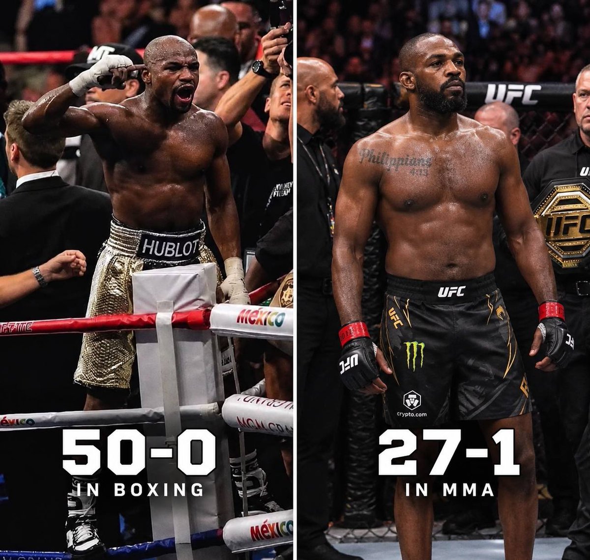 combatsporrt's tweet photo. Which record is more hard to achieve, 50-0 in boxing or 27-1 in MMA? 🤔 https://t.co/nMrvvIgXkS