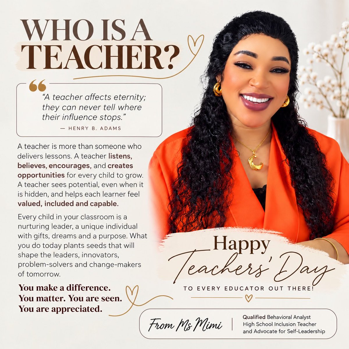 Mimi10108537's tweet photo. Today, I celebrate ME the teacher. ✍️

It’s been more than a decade in the inclusive education and therapeutic space, and one of my greatest joys remains seeing my students grow, overcome challenges, and achieve what once seemed difficult.

I can proudly say: I am the educator the present and future generations need.

To every teacher celebrating today, ask yourself: What kind of teacher am I, and are my students better because they met me?

If you’re giving your best and making a difference, celebrate yourself today. We are not just teaching lessons we are nurturing tomorrow’s leaders. 

Happy Teachers’ Day to every educator making an impact! 

From Ms Mimi to you all!

#HappyTeachersDay #TeachersDay #InclusiveEducation #SpecialEducation #TeacherImpact #EveryChildMatters #FutureLeaders #ProudTeacher #InclusionMatters #MsMimi