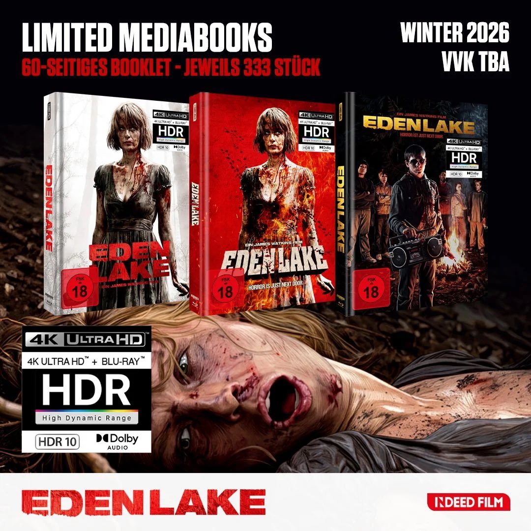 djcooky78's tweet photo. EDEN LAKE (2008) to be released by Indeed Film this winter.

The limited 4K UHD Mediabook (4K UHD and Blu-ray) comes with a 60 pages booklet including HDR 10.
Each artwork is limited to 333 copies.

More info soon. @cinemarichard @UltraHDBluray @HighDefDiscNews #EdenLake #horror https://t.co/vWgLJHRMUY