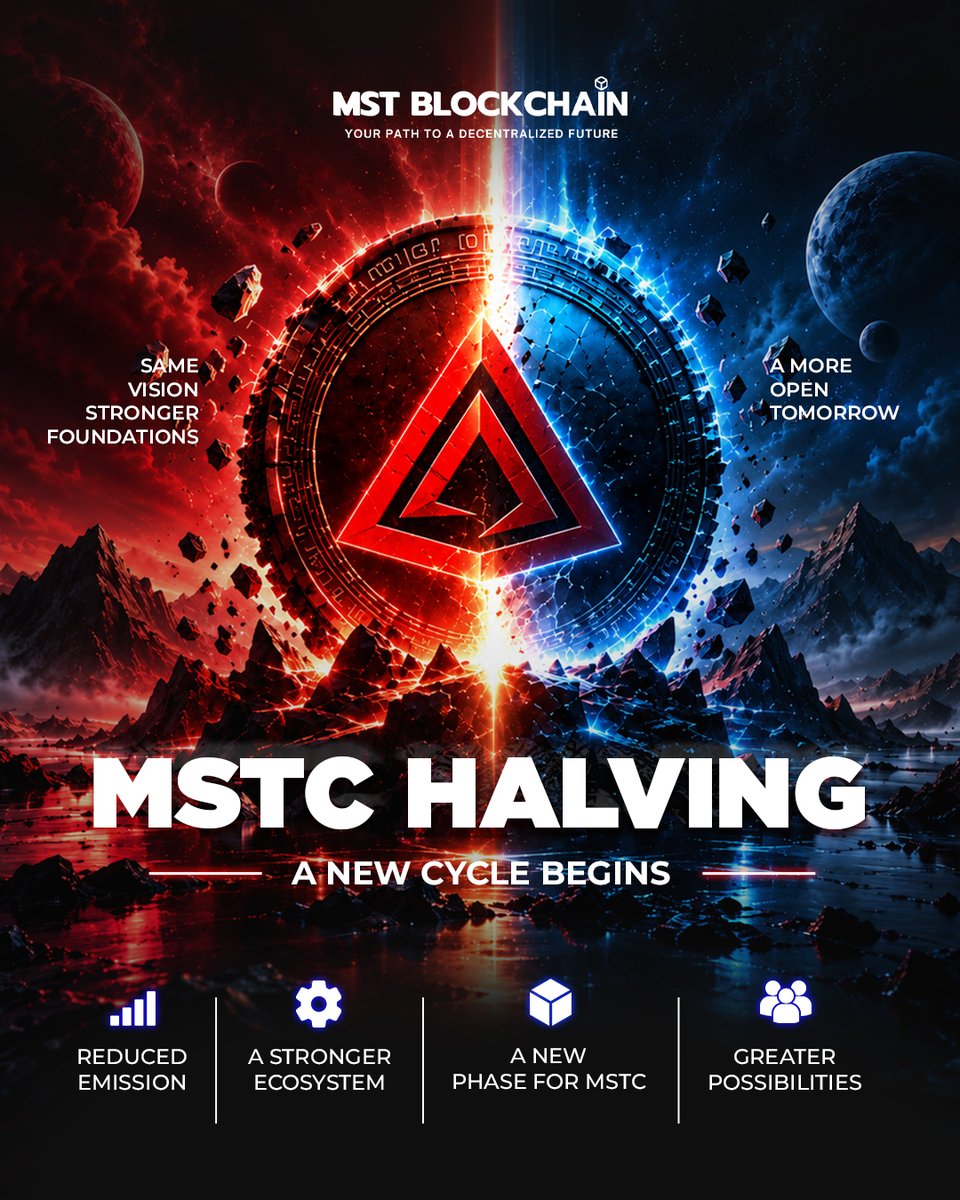 MSTBlockchainHQ's tweet photo. A new cycle begins. ⚡⛓️

The MSTC Halving marks a major milestone for MST Blockchain, bringing reduced emission and opening the door to a new phase for the ecosystem.
Same vision.

Stronger foundations.

Greater possibilities.

#MSTBlockchain #MSTCHalving #Blockchain #Web3 #Crypto #Layer1