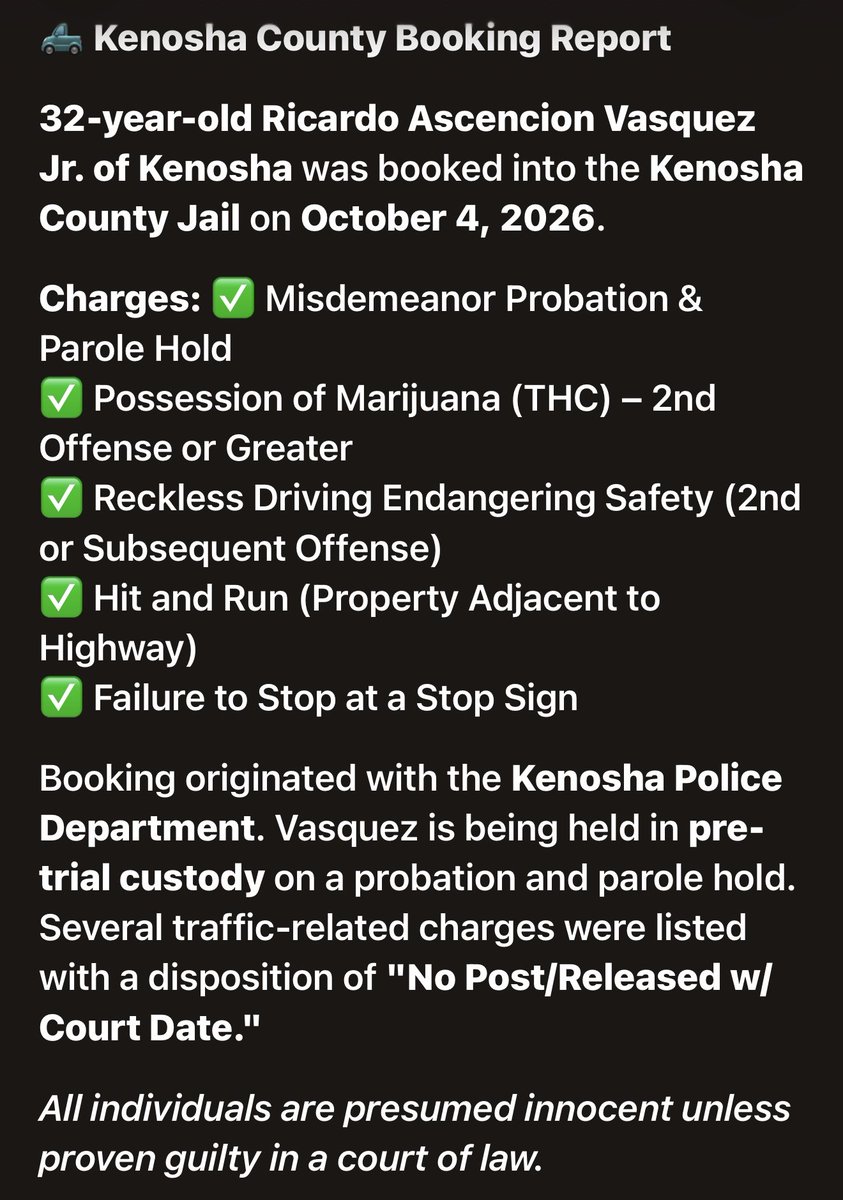 KenoshaRising's tweet photo. VASQUEZ, RICARDO ASCENCION Junior
⭐️✨⭐️✨⭐️✨⭐️✨⭐️✨⭐️✨⭐️✨

📍 #KenoshaCounty #KenoshaWI 🚔 #JailBooking 📰 #LocalNews ⚖️ #CommunityUpdate
👮‍♀️#KenoshaPD https://t.co/2JVrzrzRva
