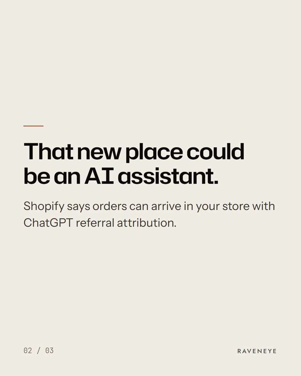 Raveneyeglobal's tweet photo. If you run a Shopify store with Agentic Storefronts, your sales could be coming from a new place.

An AI assistant.

Since March, Shopify says orders can land in your admin with ChatGPT referral attribution.

Have a look at your orders.

#aisearch https://t.co/6nUUcbW0h3