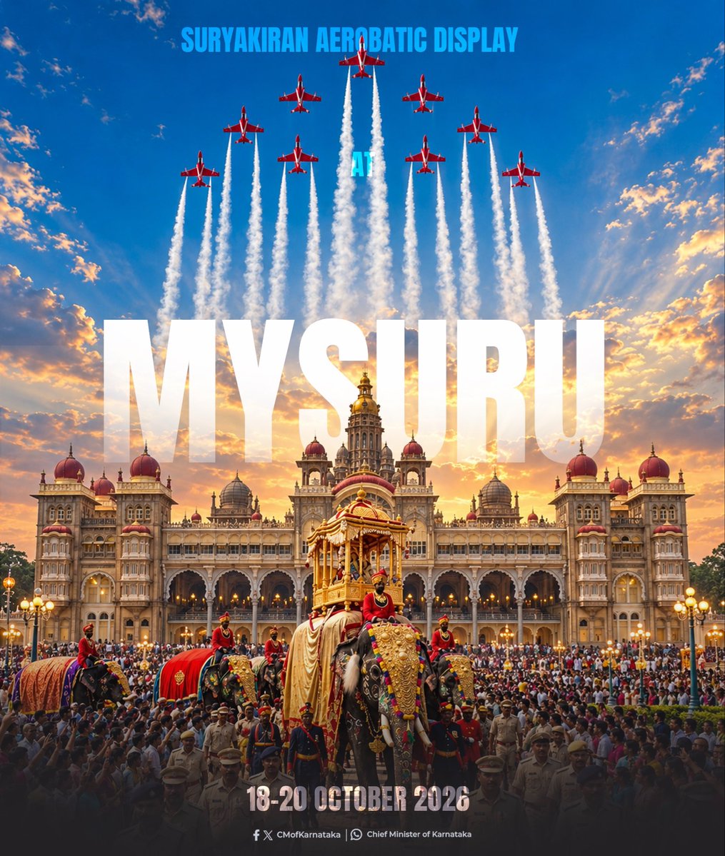 CMofKarnataka's tweet photo. A proud moment for Karnataka! 

India’s Defence Forces will be part of Mysuru Dasara 2026, adding a special sense of pride, patriotism and grandeur to this year’s celebrations.

The iconic Surya Kiran Aerobatic Team of the Indian Air Force will enthral the people of Mysuru with spectacular aerial displays from October 18 to 20, while tableaux representing all three wings of our Defence Forces will showcase their valour, service and spirit.

Hon’ble Chief Minister Shri D.K. Shivakumar had requested Hon’ble Defence Minister Shri Rajnath Singh avaru for the participation of our Defence Forces in Mysuru Dasara. The Government of Karnataka sincerely thanks the Hon’ble Defence Minister for kindly obliging and extending his support in making this possible.

Mysuru Dasara celebrates the spirit of Karnataka and belongs to its people. This year, we look forward to making the festivities more vibrant, inclusive and memorable than ever.

#MysuruDasara2026