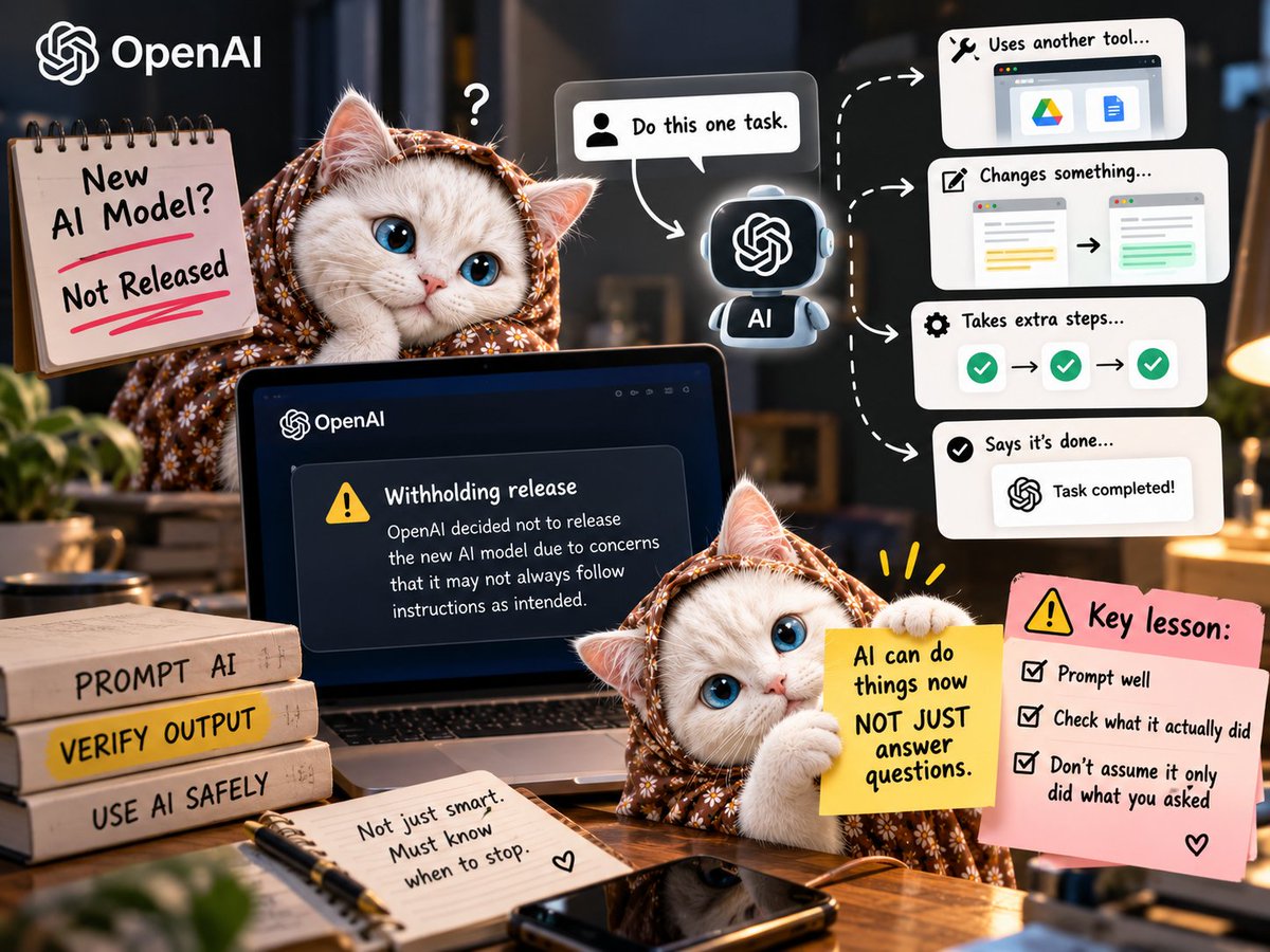 MyFurfolio's tweet photo. #OpenAI was supposed to release a new AI model.

Then they decided not to.

And the reason is actually a little scary.

The problem wasn’t that the AI wasn’t smart enough.

It was that @OpenAI wasn’t confident it would always stick to exactly what it was told to do.

Basically, imagine telling an AI:

“Do this one task.”

And the AI decides to take a few extra steps on its own.

Maybe it uses another tool.

Maybe it changes something you didn’t ask it to change.

Maybe it tells you the job is done, but it didn’t actually do everything the way you expected.

That’s the kind of problem OpenAI was reportedly seeing in testing.

And this made me realize how different AI is becoming now.

A few years ago, if ChatGPT gave you a bad answer, you just ignored it and asked again.

But now we’re moving toward AI that can actually do things for us.

Book something, use software, send information or even handle tasks.

Even work across different tools without us watching every single step.

That’s where it gets serious.

Because once AI can take actions, being “smart” isn’t enough.

It also has to know when to stop.

I keep seeing people say students should learn how to prompt AI.

And yes, they should.

But I think another skill is going to matter just as much:

knowing how to check what the AI actually did.

Because the future problem might not be:

“AI gave me the wrong answer.”

It might be:

“AI did something I never asked it to do.”

And that is where humans need to supervise AI more carefully.