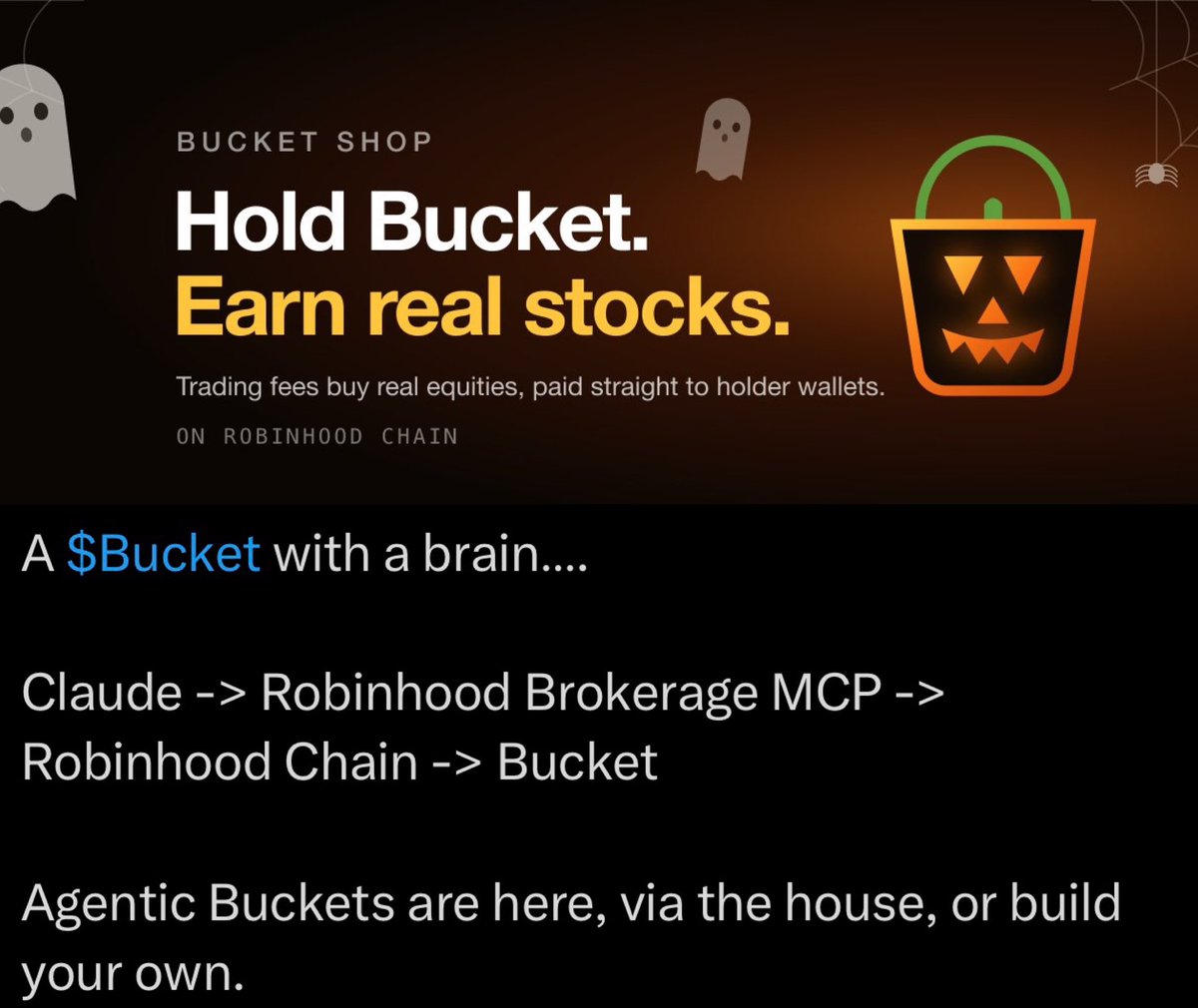 ShillMoBaggins's tweet photo. ⚜️ $BUCKET JUST GOT A BRAIN 🧠

The latest @RealBucketShop update may represent one of $BUCKET’s most important evolutions yet.

The Agentic $BUCKET connects Claude → Robinhood Brokerage MCP → Robinhood Chain → BUCKET, potentially transforming the keeper from a simple execution mechanism into an intelligent financial engine.

Instead of merely using protocol fees to purchase predetermined tokenized stocks, an AI-powered keeper can analyze eligible assets, examine prices, liquidity and spreads, then help determine where real protocol revenue is most efficiently deployed.

The flywheel becomes fascinating:

Trading → Fees → AI Analysis → Stock Purchases → Tokenized Assets → Holder Distributions 🔄

This makes the machine smarter, more efficient and infinitely more scalable.

$BUCKET began as a token that distributes stocks.

It may be evolving into something far bigger:

An autonomous, AI-powered financial engine bridging DeFi, TradFi and tokenized equities.

TradFi 🤝 DeFi 🤝 AI.