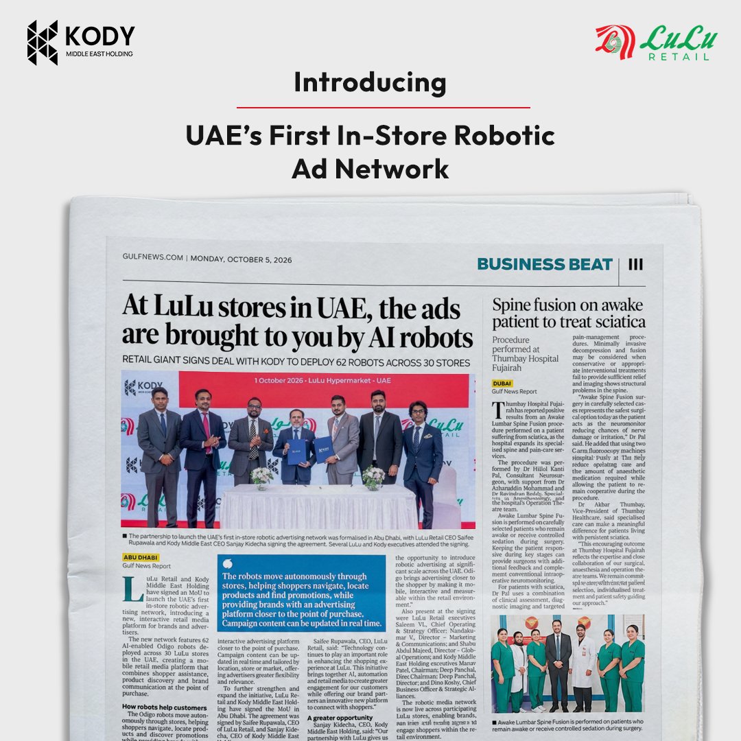 kody_technolab's tweet photo. Proud to be recognized by @gulf_news as @kodymiddleeast  &amp; @LuluRetail launch the UAE’s first robotic ad network with 62 AI-enabled Odigo robots across 30 LuLu stores.

#LuLuRetail #UAE #DigitalOutOfHome #KodyMiddleEast #AIinRetail #AdvertisingTechnology #RetailTechnology #GCC https://t.co/ezDT5rcrMK