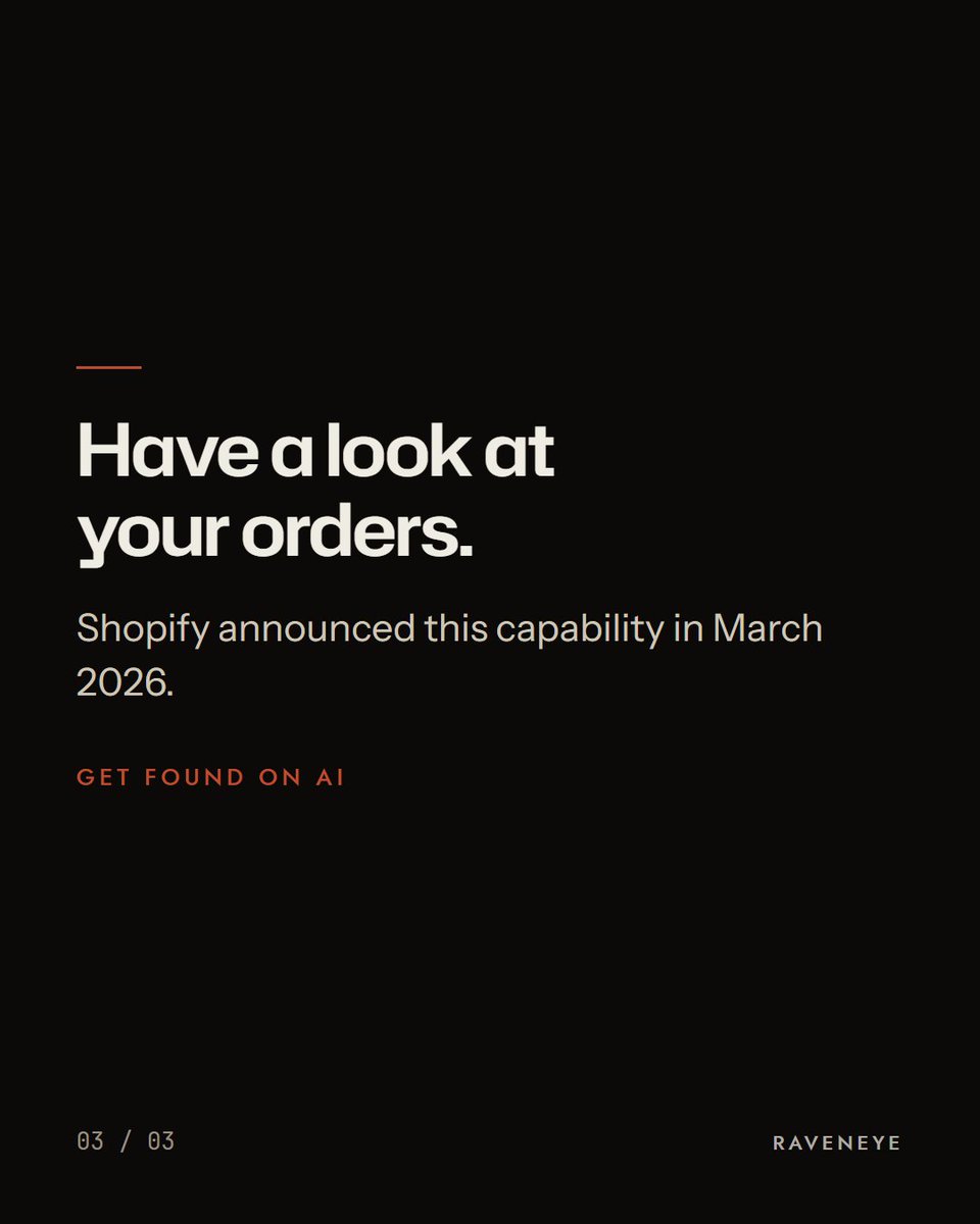 Raveneyeglobal's tweet photo. If you run a Shopify store with Agentic Storefronts, your sales could be coming from a new place.

An AI assistant.

Since March, Shopify says orders can land in your admin with ChatGPT referral attribution.

Have a look at your orders.

#aisearch https://t.co/6nUUcbW0h3