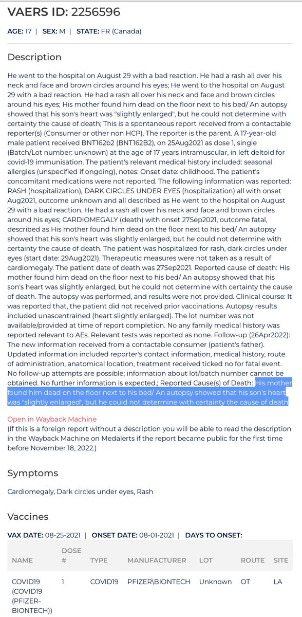 MaryBowdenMD's tweet photo. "His mother found him dead on the floor next to his bed."

A parent's absolute worst nightmare. 17 year old Sean Hartman got a Pfizer shot without telling his parents, just so he could play hockey. He died a month later. 

@OpenVAERS @Answers4Sean https://t.co/nMkBihTs7U