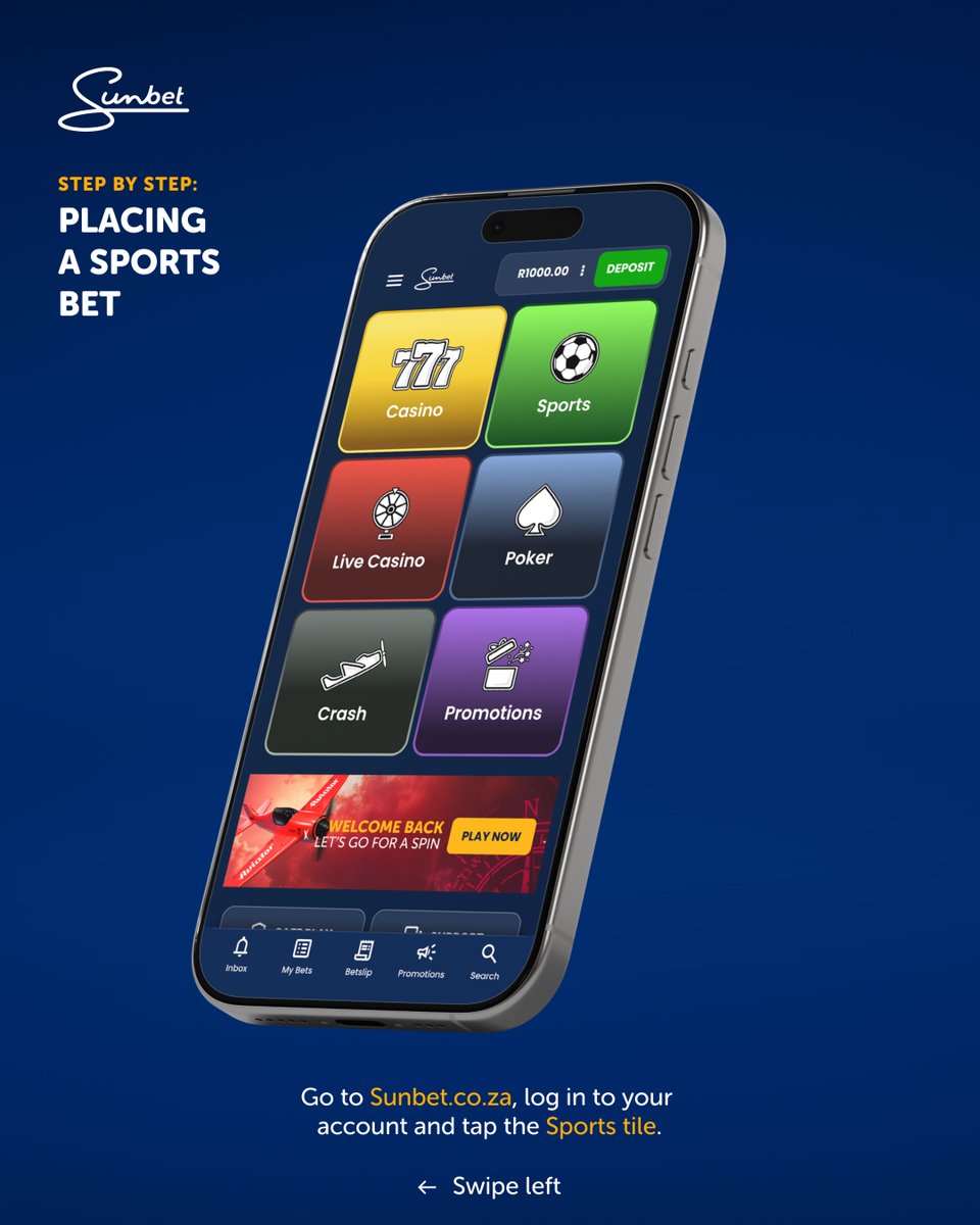 SunbetSA's tweet photo. Next up on our new app tour: Sports. 📱⚽
We’ve shown you around; now let’s get into placing a sports bet.
Swipe through and follow the steps.
#SunbetSigns https://t.co/O23fFaGTA8