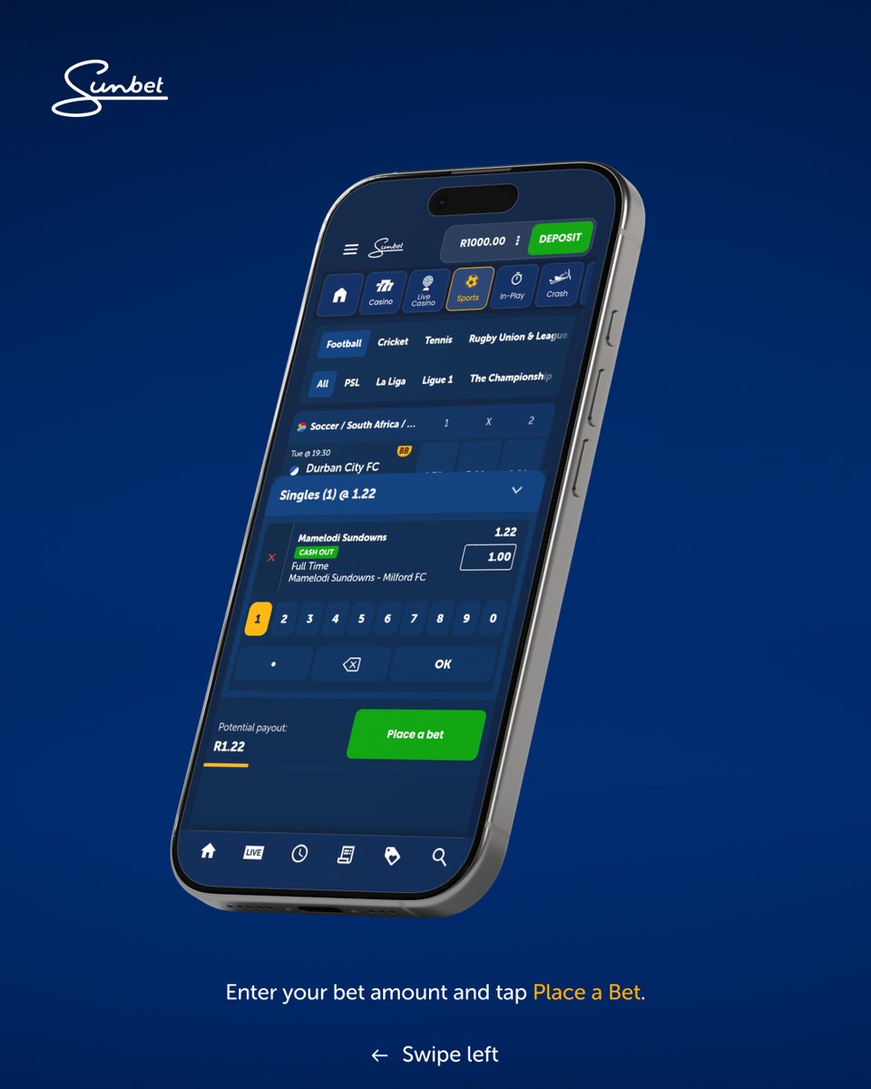 SunbetSA's tweet photo. Next up on our new app tour: Sports. 📱⚽
We’ve shown you around; now let’s get into placing a sports bet.
Swipe through and follow the steps.
#SunbetSigns https://t.co/O23fFaGTA8