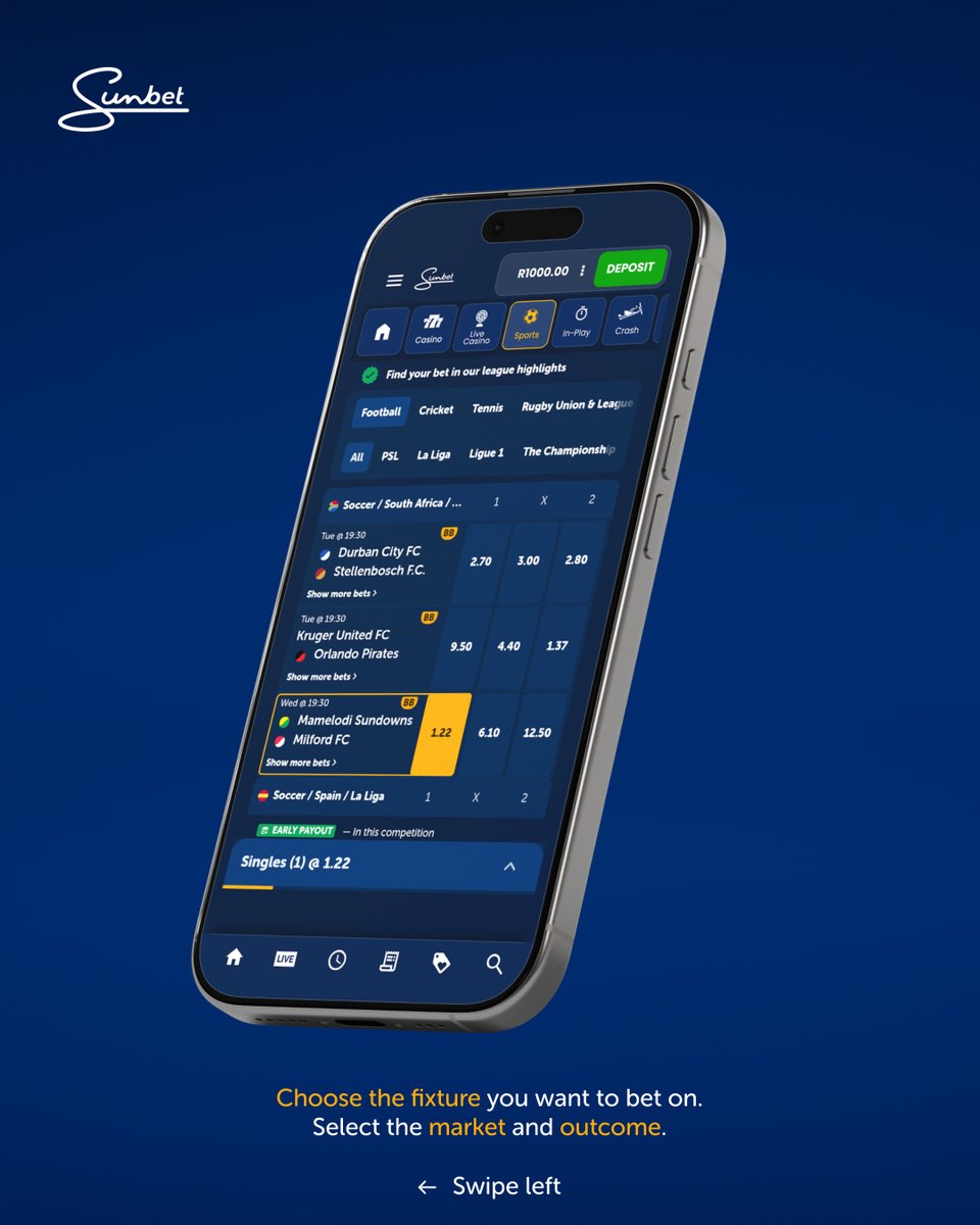 SunbetSA's tweet photo. Next up on our new app tour: Sports. 📱⚽
We’ve shown you around; now let’s get into placing a sports bet.
Swipe through and follow the steps.
#SunbetSigns https://t.co/O23fFaGTA8
