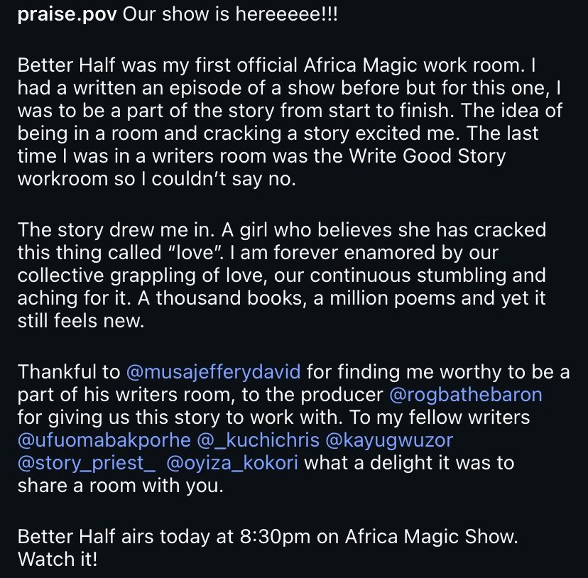 vandeh_praise's tweet photo. Our show is hereeee. Grateful to have been a part of the writers room for this one. Thankful to @JefferyMusaD for finding me worthy to be a part of his room. Shout out to @ufuomabakporhe @KuchiChris1 @STORYPRIEST @EstherOyiza @Kay_ugwuzor for sharing a room with me https://t.co/kU0RKYWotP