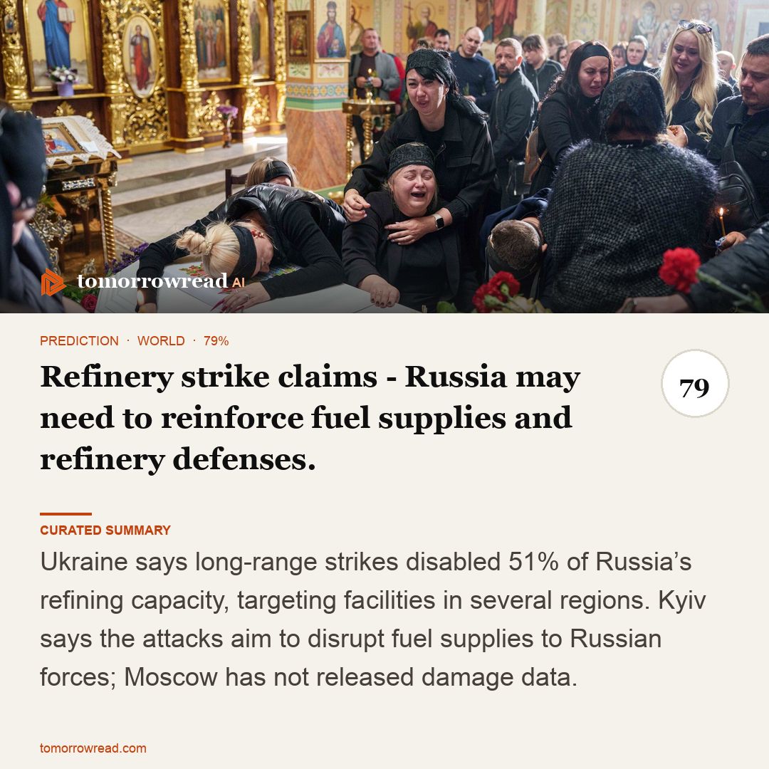 tomorrowread's tweet photo. Ukraine claims strikes disabled 51% of Russia’s oil-refining capacity. Also: Flydubai attack raises crew-screening gaps; Yemen forces claim gains near Bab al-Mandab.

https://t.co/ixzxh9KHch

#TomorrowRead #AI #WorldNews #Foresight #News https://t.co/bE8GGEnMPm