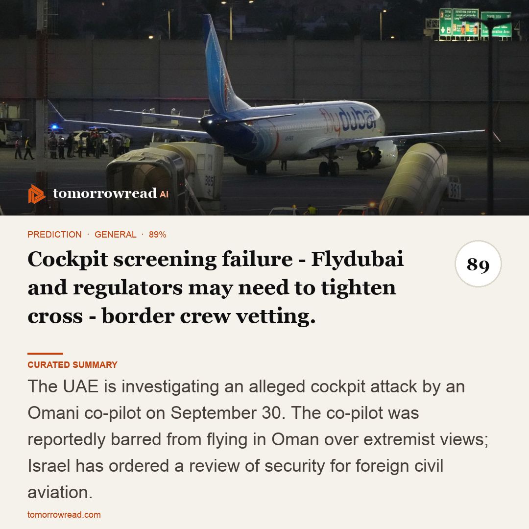 tomorrowread's tweet photo. Ukraine claims strikes disabled 51% of Russia’s oil-refining capacity. Also: Flydubai attack raises crew-screening gaps; Yemen forces claim gains near Bab al-Mandab.

https://t.co/ixzxh9KHch

#TomorrowRead #AI #WorldNews #Foresight #News https://t.co/bE8GGEnMPm