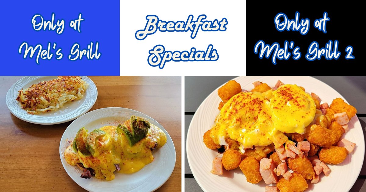 eatatmelsgrill's tweet photo. Who else loves Hollandaise Sauce? 
Week of 10/5 Breakfast Specials 
Mel's Grill (Pelton Road) 
California Eggs Benedict for $13.99 
Mel's Grill 2 
Tater Tot Benny for $12.99 
🎃🥞 Mel's Famous Pumpkin Pancakes 
🎗️ Coffee for Cindy available now 
❗ Available through Sunday 10/11 https://t.co/u8K3nS1PEh