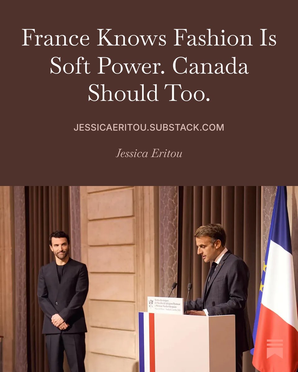 jessicaeritou's tweet photo. National unity is not only economic or political. It is cultural too.

France understands how fashion and design can reinforce a shared national identity. Canada has the talent. We just rarely use it that way.

https://t.co/GGg5gnU393 https://t.co/F3T8llXm7u