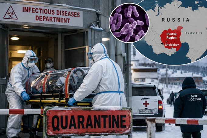 A composite image showing workers in hazmat suits outside an 'INFECTIOUS DISEASES DEPARTMENT' with a 'QUARANTINE' sign, alongside an inset map of Russia highlighting Irkutsk Region/Shelekhov and an image of bacteria.