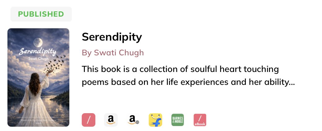 director_swati's tweet photo. My First Poetry book, Serendipity, out now on 7 platforms worldwide -@bookleafpub @amazonIN @amazon @barnesandnoble @Flipkart @AmazonUK @amazonca �� Click here to order - https://t.co/tuJDLnSjv8
Amazon
https://t.co/60VjbPsEQR
Thank you @bookleafpub 😊 #publishedauthor #poetry https://t.co/2Fb2lATdYl