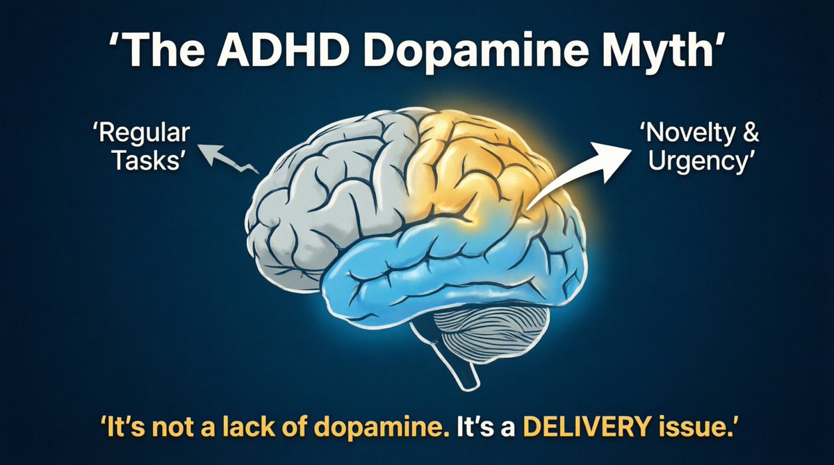 ADHDFocusGuide's tweet photo. ADHD brains don't lack dopamine.
They have a dopamine DELIVERY problem. 🚚
Regular tasks don't trigger it.
Novel, urgent, interesting tasks do.
That's why you can hyperfocus for 6 hours on the "wrong" thing. 🎮
#ADHD #Neuroscience https://t.co/ETIl9mwTHy