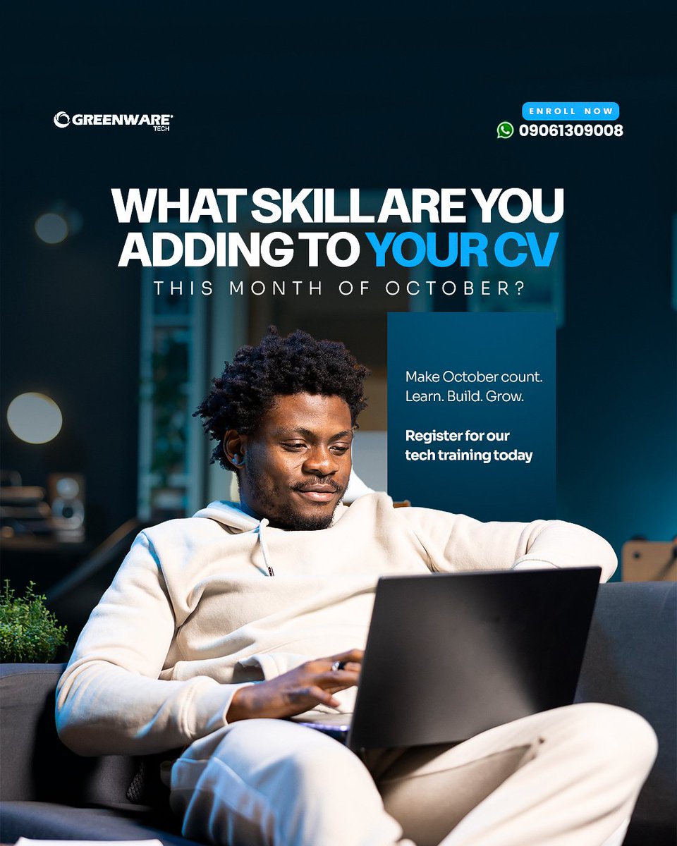 GreenWareTech's tweet photo. October is already moving… 👀 What skill are you adding to your CV this month?

Don’t just plan to learn something new; start!

Learn a valuable tech skill, build your confidence and give your CV something new to talk about.

Register for our tech training today. https://t.co/Q0iT5Tzu3W