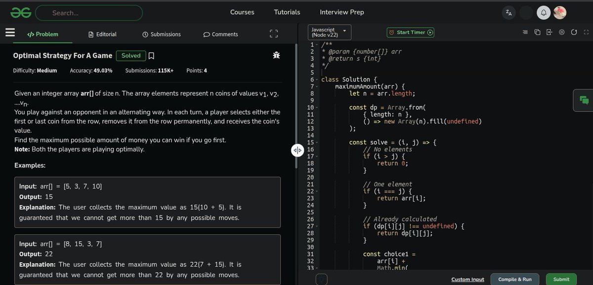 Zaryab_005's tweet photo. Day 304 of DSA

Solved 3 questions based on Game Strategy DP:

Divide And Subtract Game
Optimal Strategy For A Game
Predict The Winner

Slowly getting more comfortable with Game Theory &amp; Game Strategy DP.

#DSA #DynamicProgramming #GameTheory #Coding #LeetCode #100DaysOfCode https://t.co/6TNX6K4xgo