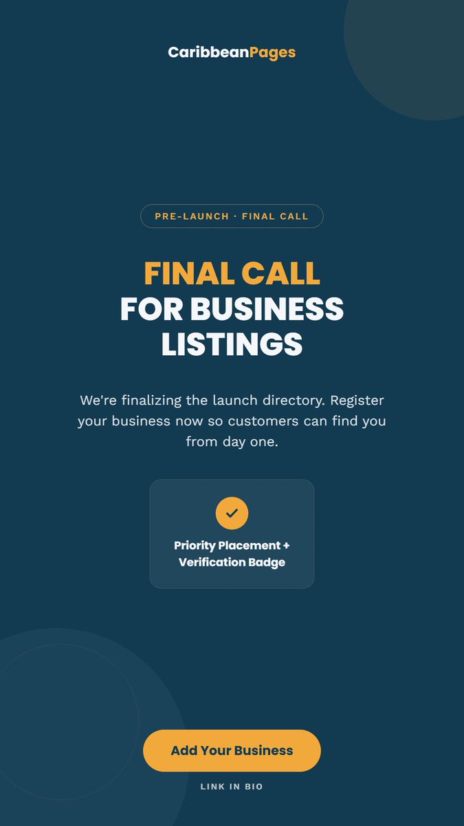 CaribbeanPages's tweet photo. Business Owners: Don't miss launch day traffic! 🚨
We are finalizing our launch directory. Register your business today so customers can find you from day one.
🔗 Click the link in bio to add your business!
#caribbeanpages #caribbeanbusinessdirectory #lastcall #registernow https://t.co/kvsqzKBjfs