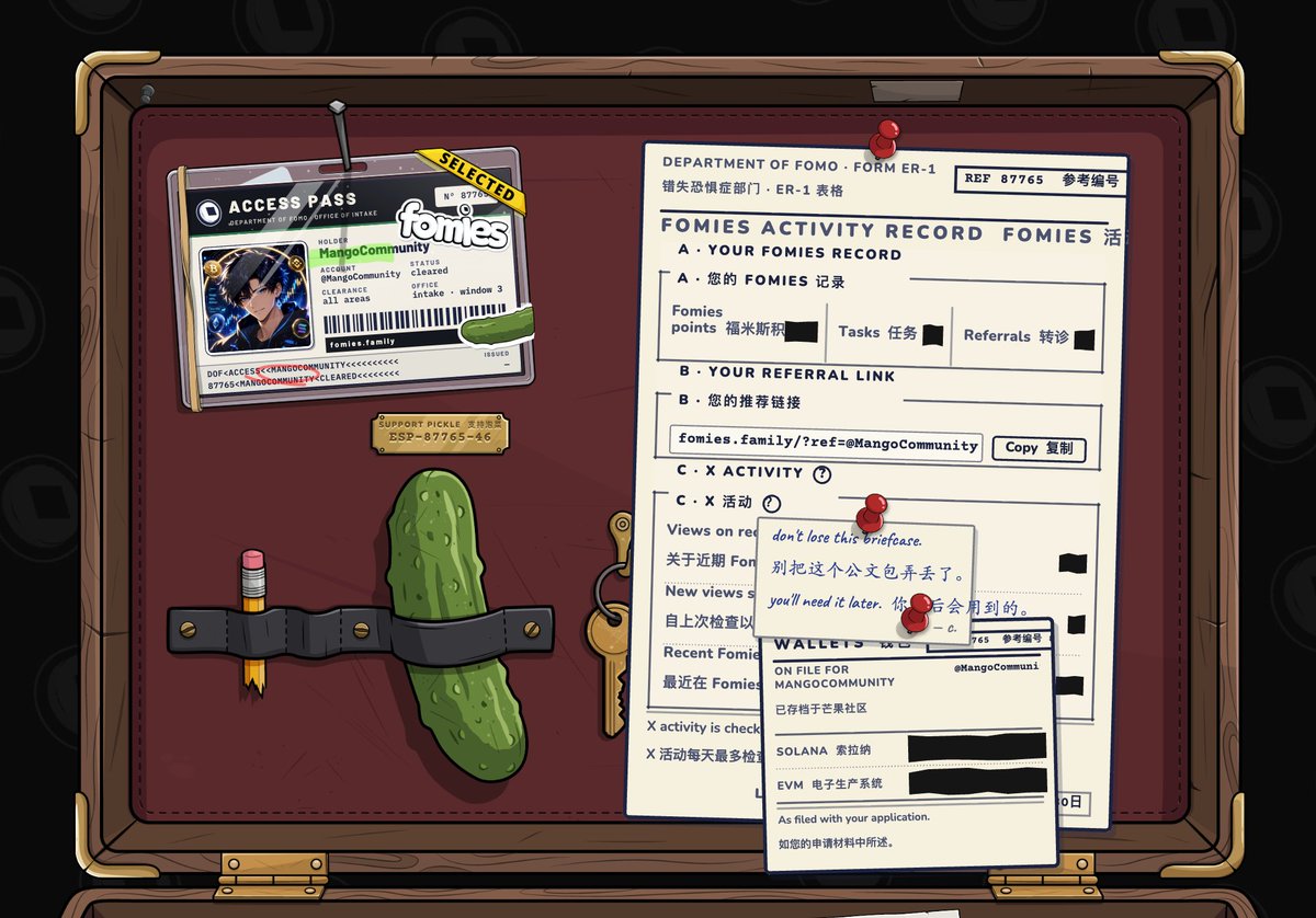 MangoCommunity's tweet photo. the department of fomo left me a briefcase. i've been told not to ask about the pickle. @FomiesNFT #Fomies https://t.co/gwvp7vlgrg
