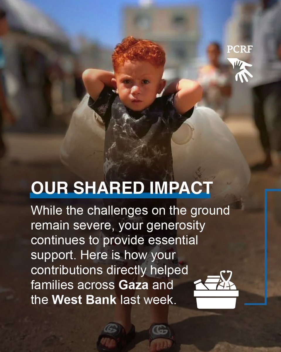 ThePCRF's tweet photo. This week, your support reached thousands of children and families across Gaza and the West Bank. 💙

 From nutritious food and emergency parcels to safe drinking water, PCRF teams and partners continue responding to urgent needs on the ground. These numbers tell only part of the story. Behind each one is a child, a family, and a life touched by your support.

Thank you for making this work possible.